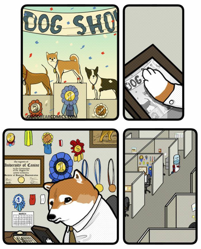 a cartoon of a dog in a room with a computer